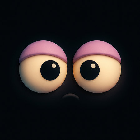 A pair of large, cartoonish eyes with pink caps staring directly at the viewer, set against a dark background.の素材