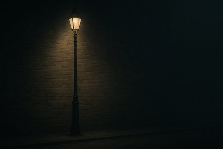 Lamp post in dark room with fog and copy space on the wallの素材