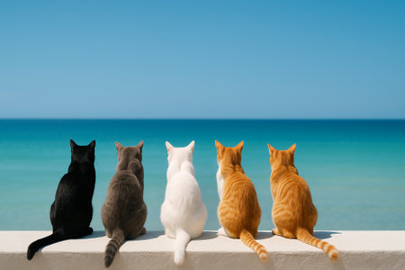 Five cats sitting on a wall looking out at the ocean on a clear dayの素材