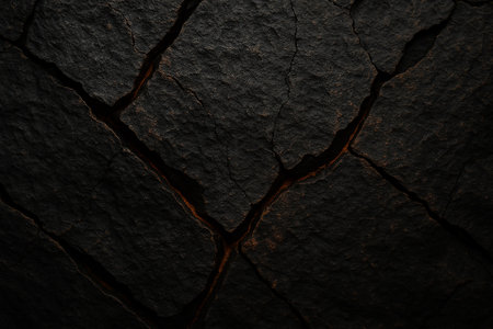 Cracked dark stone surface with glowing red fissures in a rugged textureの素材