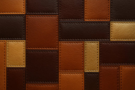 The image shows a close-up of a leather patchwork design on a surface, comprising various brown leather squares.の素材