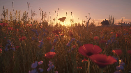 poppies in the field at sunset. 3d render.の素材