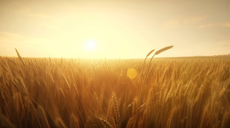 Wheat field at sunset. Ears of golden wheat close-up.の素材