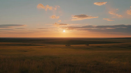Sunset in the steppe of Kazakhstan, herd of horses grazingの素材