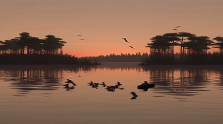 Beautiful sunrise over a lake with ducks and birds in the foregroundの素材
