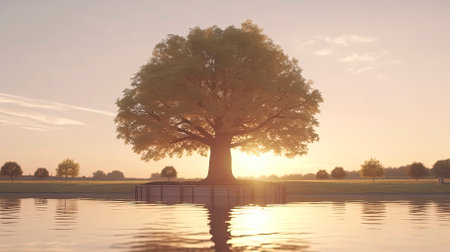Sunset over the lake with a big oak tree in the foregroundの素材