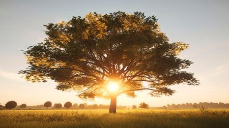Tree in the rice field at sunset with sunbeams and lens flareの素材