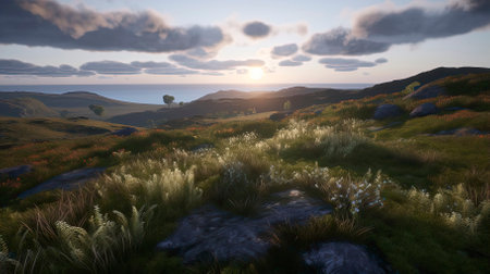 Sunset over the mountains with clouds in the sky. 3d renderの素材