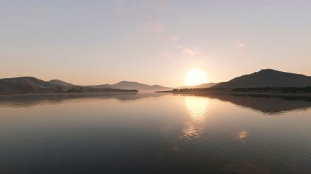Sunset on the lake with mountains in the background, South Koreaの素材