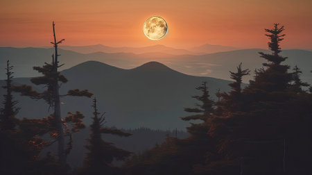 Full moon over the mountains and coniferous forest. Sunrise.の素材