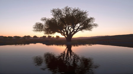 Lonely tree reflected in the water at sunset, South Africaの素材