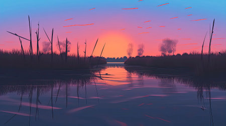Sunset over the lake with reeds and birds. 3d renderの素材