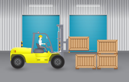 Forklift and wood crate with factory background.のイラスト素材