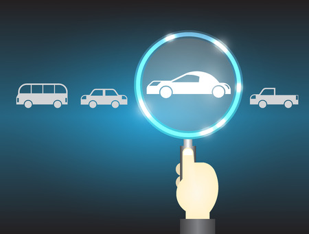 Model of car and magnifier on dark background.のイラスト素材