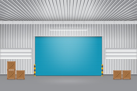 Illustration of shutter door and steel door outside factory, blue color.のイラスト素材