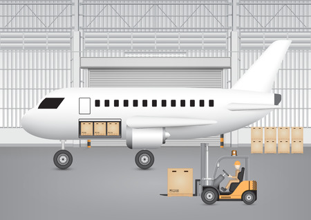 Forklift transfer carton into plane with factory background.のイラスト素材