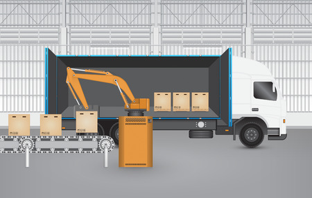 Robot working with conveyor belt and truck inside factory.のイラスト素材