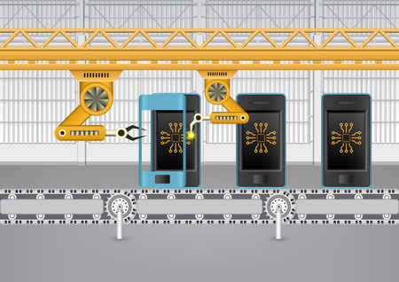 Robot working with mobile phone in factory.のイラスト素材