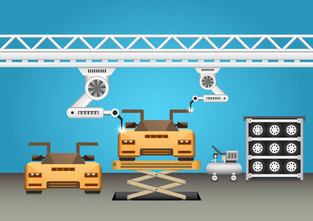 Robots working with super car with blue background.のイラスト素材