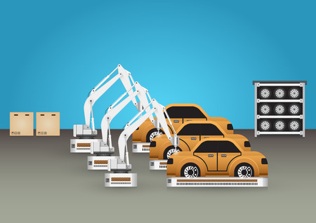 Robots working with auto part with blue background.のイラスト素材