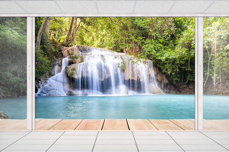 Scenery of Waterfall with wood deck.の写真素材