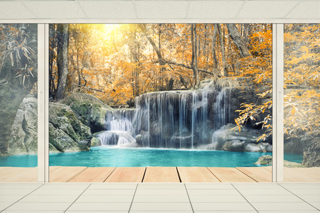 Scenery of Waterfall with wood deck.の写真素材