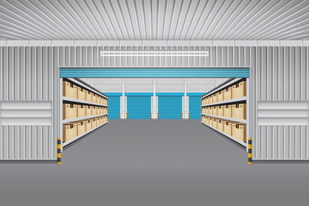 Interior of warehouse building with cargo container box on shelves.のイラスト素材