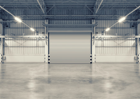 Shutter door and concrete floor, blue color, night scene.の写真素材