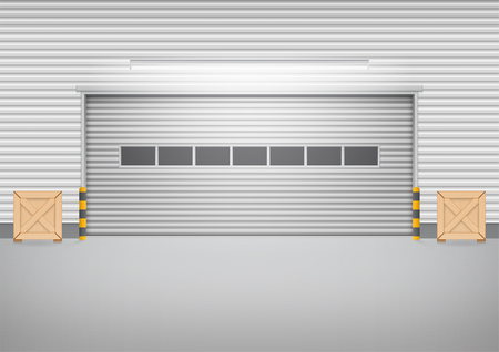 Vector of roller shutter door and concrete floor outside factory building for industrial background.のイラスト素材