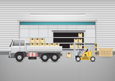 Forklift working with cargo container and truck with warehouse building background for shipping and transportation concept.のイラスト素材