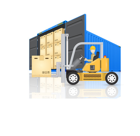 Forklift working with cargo container and product carton box isolate on white backgroundのイラスト素材