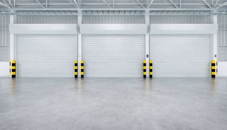 3d rendering of shutter door and concrete floor inside warehouse building for industrial background.の写真素材