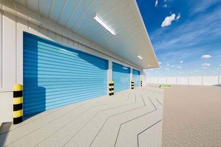 3d rendering of warehouse building and shutter door for industrial background.