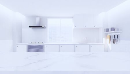 3d rendering of marble counter product display with kitchen blurred background.の写真素材