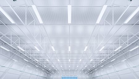 3d rendering of empty warehouse building with roof sheet and truss structure.