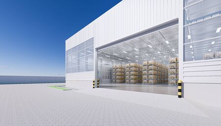 3d rendering of warehouse building exterior and open shutter door and box on shelf.の写真素材