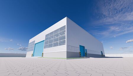 3d rendering of hangar building exterior and shutter door and paver brick floor.の写真素材