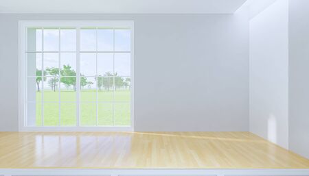 3d rendering of wood countertop product display and nature out side window.の写真素材
