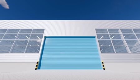 3d rendering of hangar building exterior and shutter door and paver brick floor.の写真素材