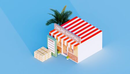 3d rendering of online shopping store on blue background.の写真素材