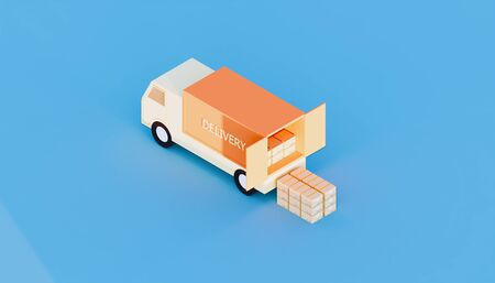 3d rendering of cargo container and truck on blue background.の写真素材