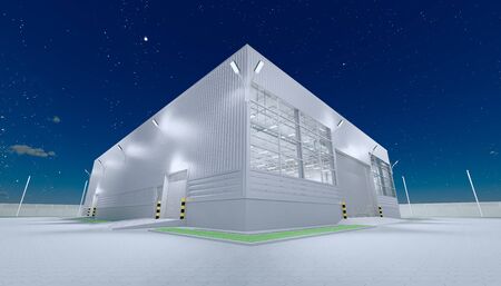 3d rendering of hangar building exterior and shutter door and paver brick floor at night time.の写真素材