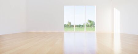3d rendering of empty room and wood floor shiny reflection with clear glass door in perspective...