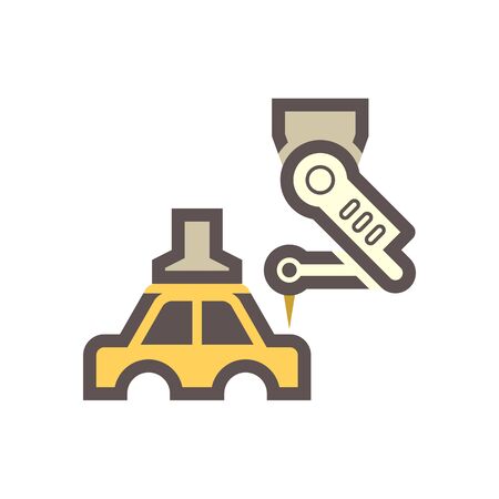 Robot working with car body in automotive industry vector icon design on white bÃackground.のイラスト素材