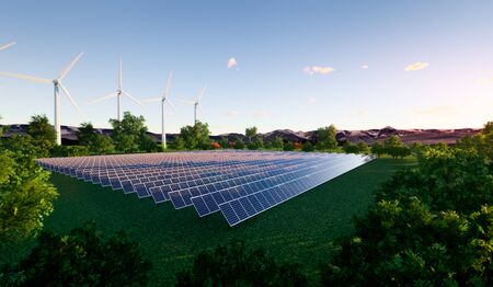 3d rendering of row solar panel in green field reflection with sunlight to show converting sunlight...