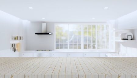3d rendering of wood counter top product display  and blurred kitchen background.の写真素材