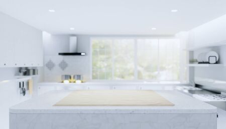 Wood countertop product display and blurred kitchen background.の写真素材