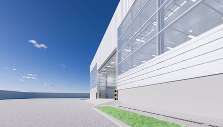 3d rendering of hangar building exterior and open shutter door and paver brick floor.の写真素材