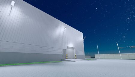 3d rendering of hangar building exterior and shutter door and paver brick floor at night time.の写真素材