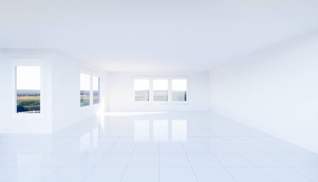3d rendering of empty room and white tile floor with grid line and shiny reflection with clear glass door in perspective view, clean and new condition use to background.の写真素材